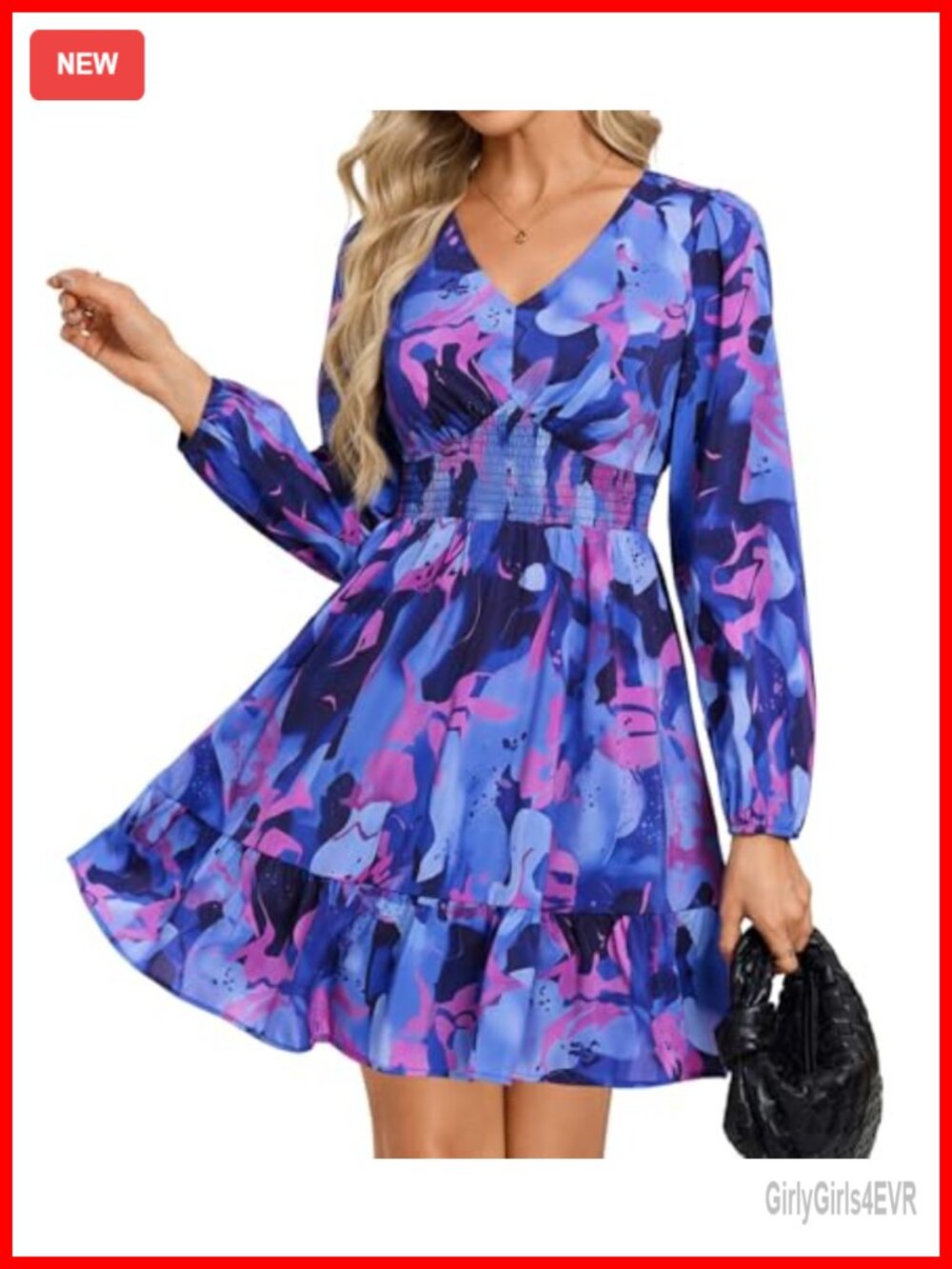 Womens Floral Mini Dress Long Sleeve V-Neck A-Line Smocked Chiffon
